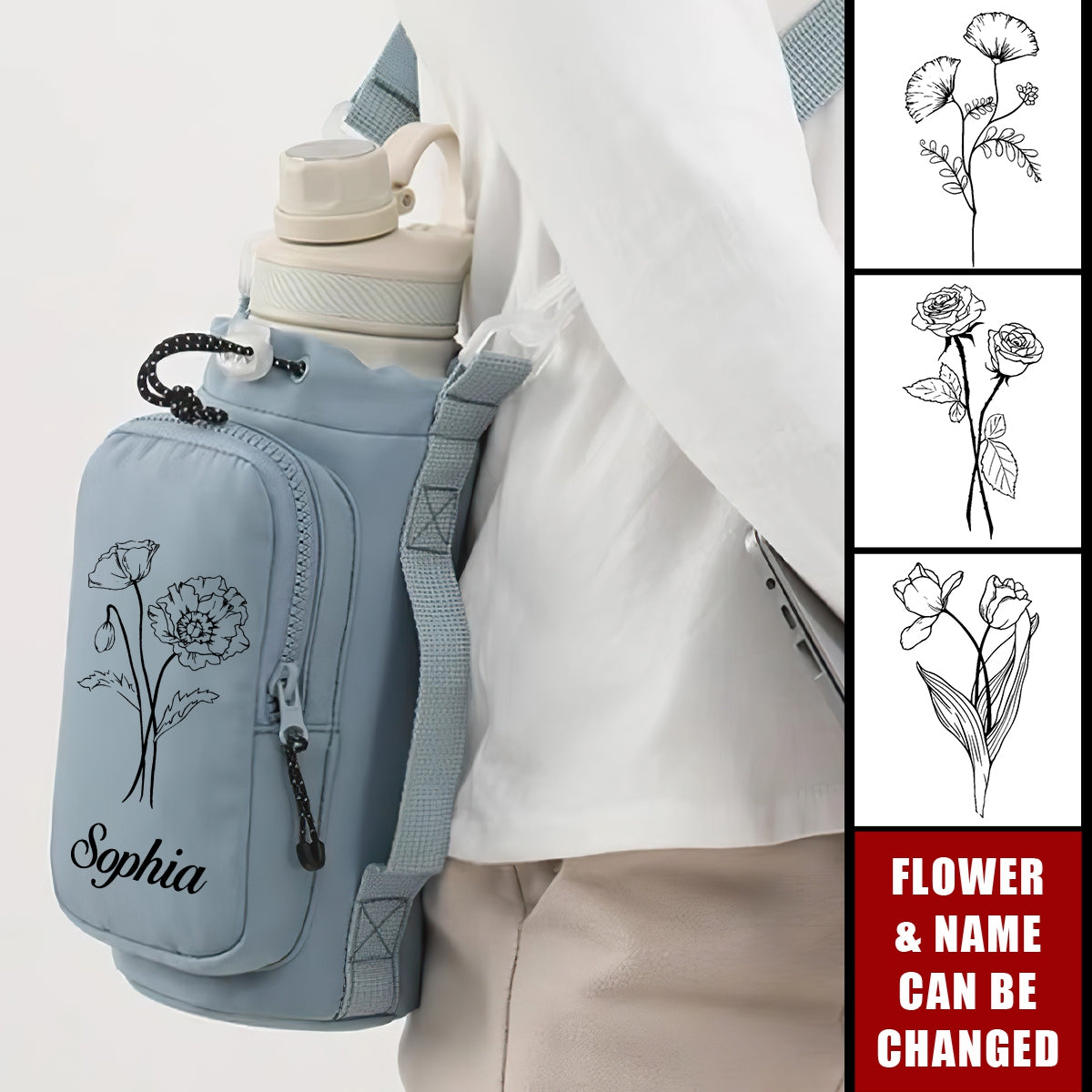 Personalized Birth Flower Water Bottle Carrier Phone Crossbody Bag