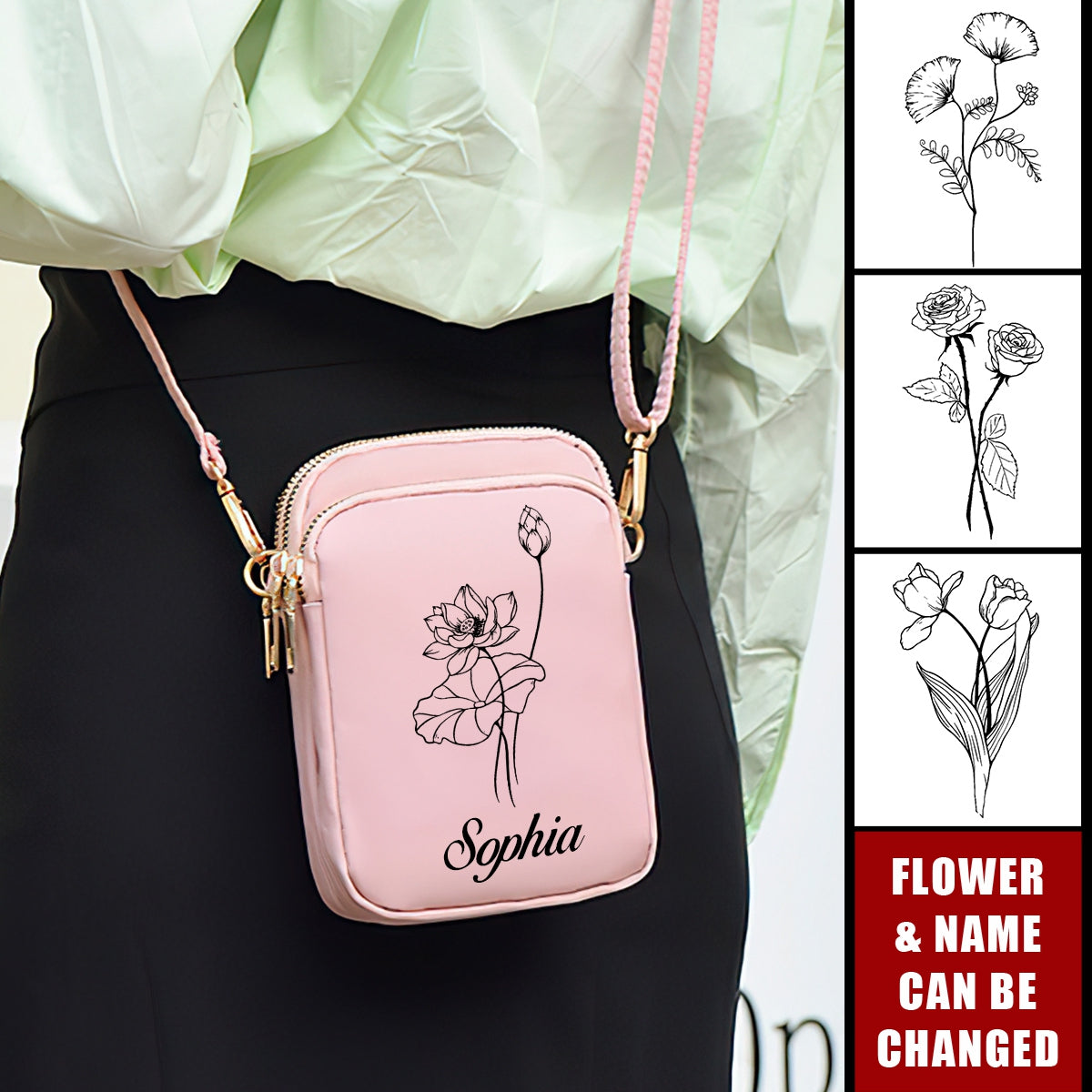 Birth Flower Shoulder Backpack Wallet With Headphone Hole Personalized Phone Crossbody Bag