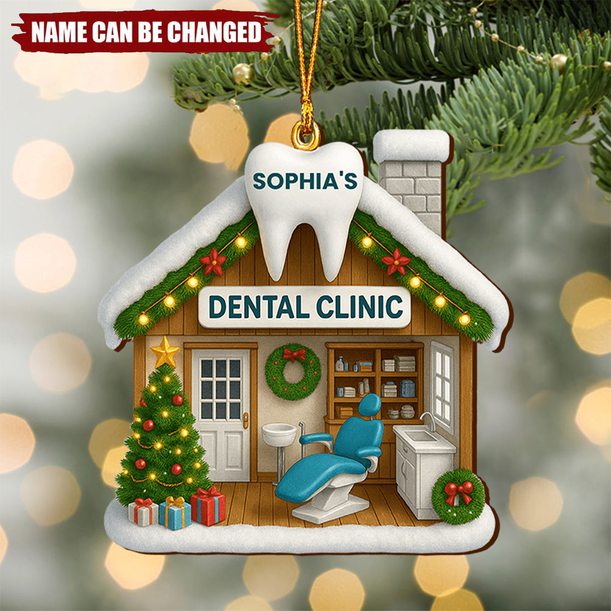 Festive Dental Clinic Ornament With Christmas Tree And Decorations,Personalized Wood Ornament