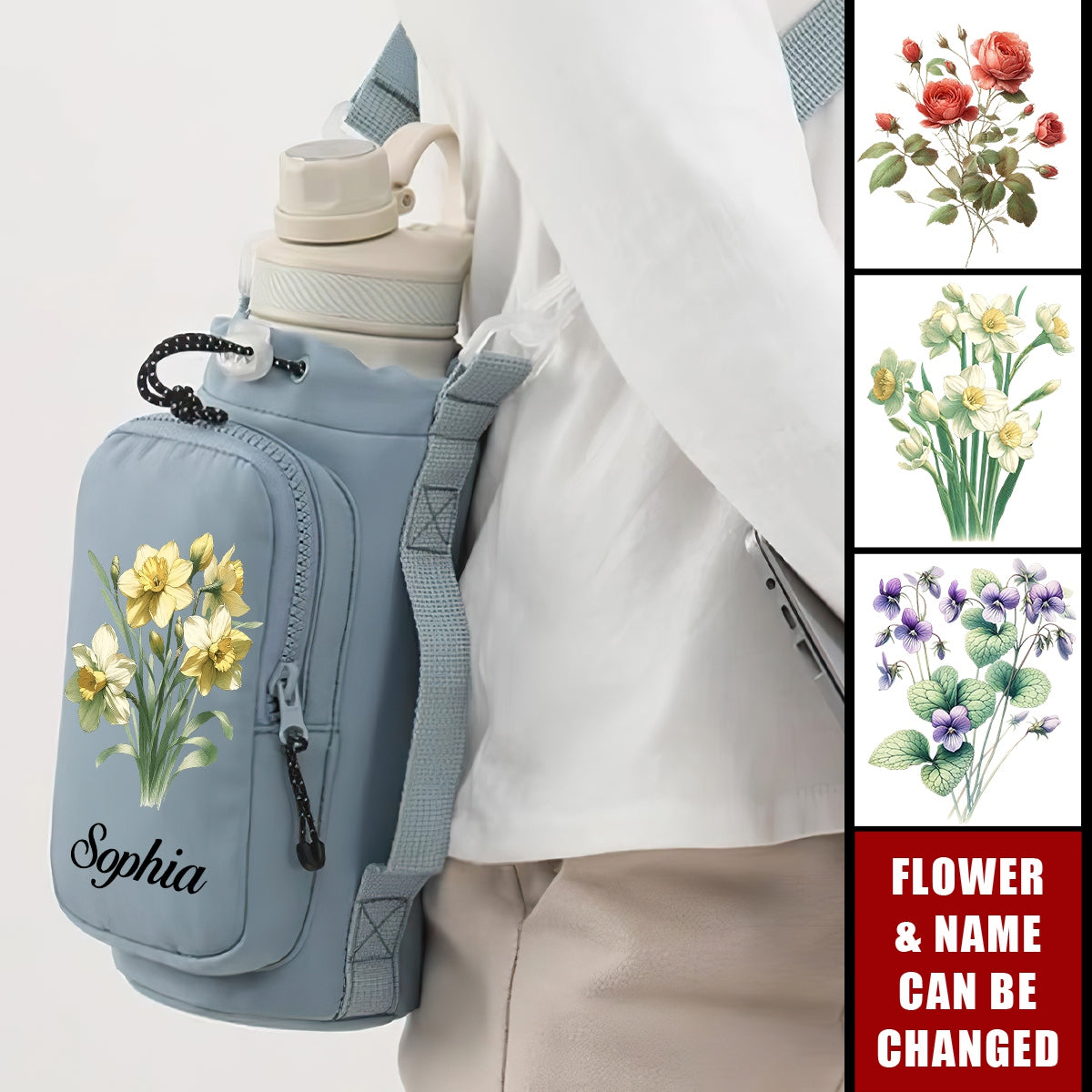 Personalized Birth Flower Travel Water Bottle Phone Crossbody Bag