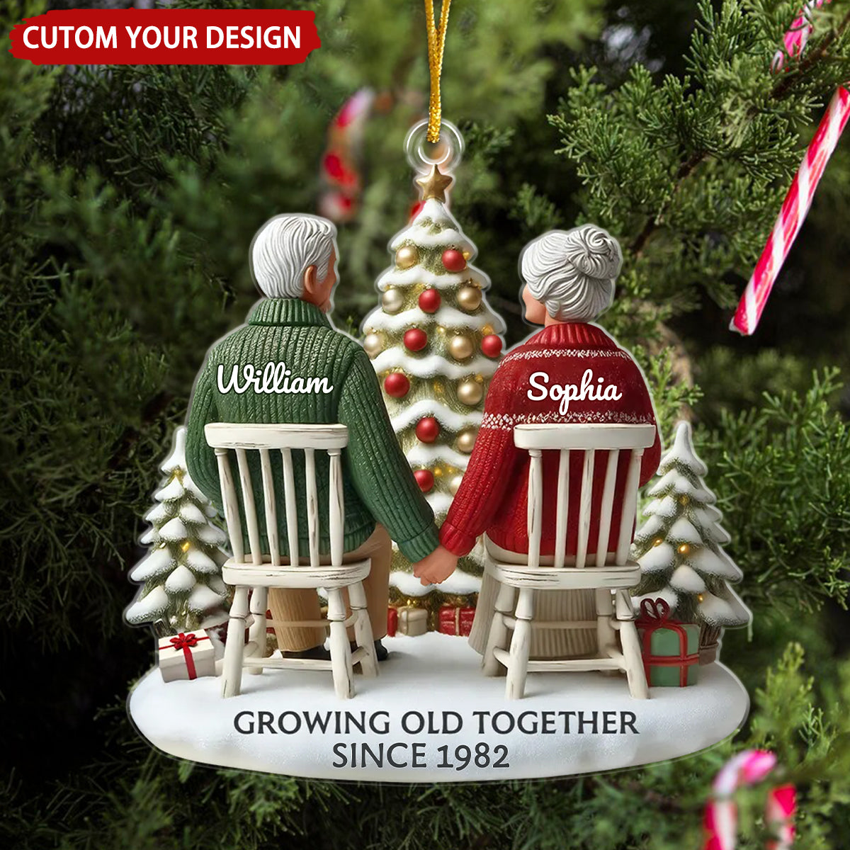 3D Effect Old Couple Growing Old Together Personalized Christmas Ornament