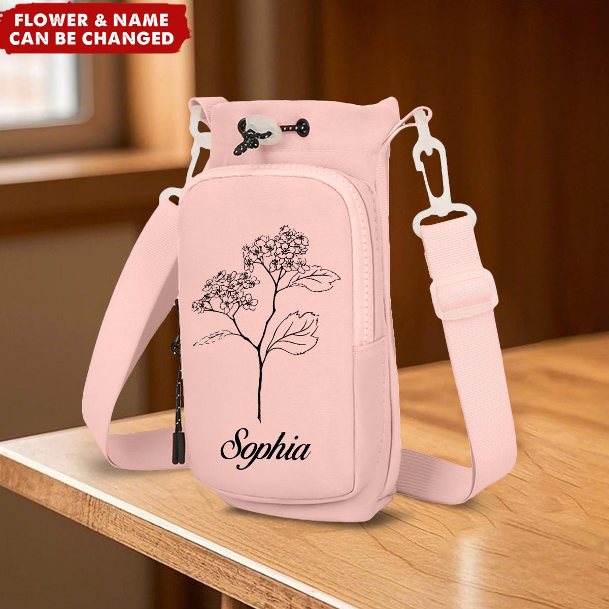 Personalized Birth Flower Water Bottle Carrier Phone Crossbody Bag