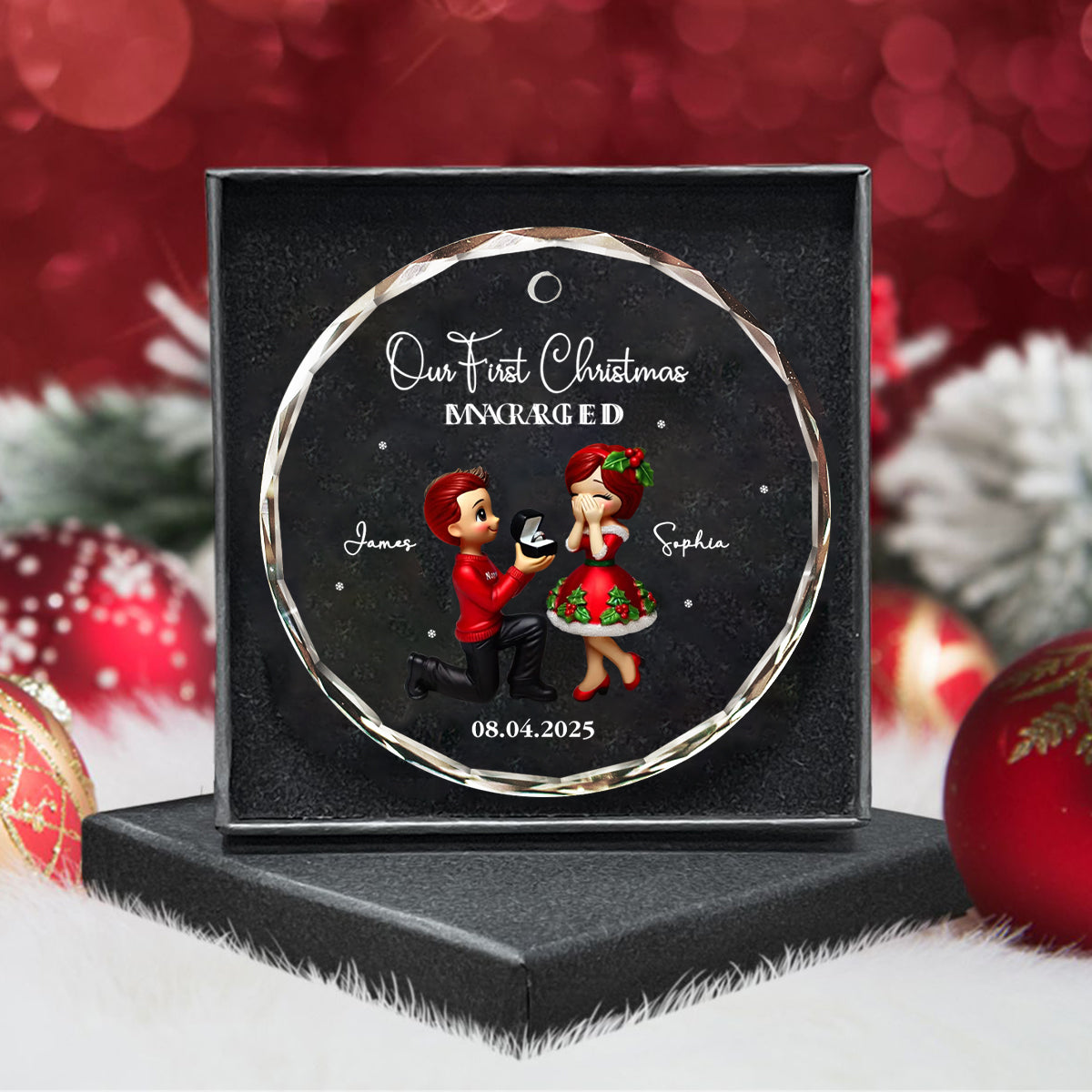 Our First Christmas Engaged Married - Couple Personalized Glass Ornament