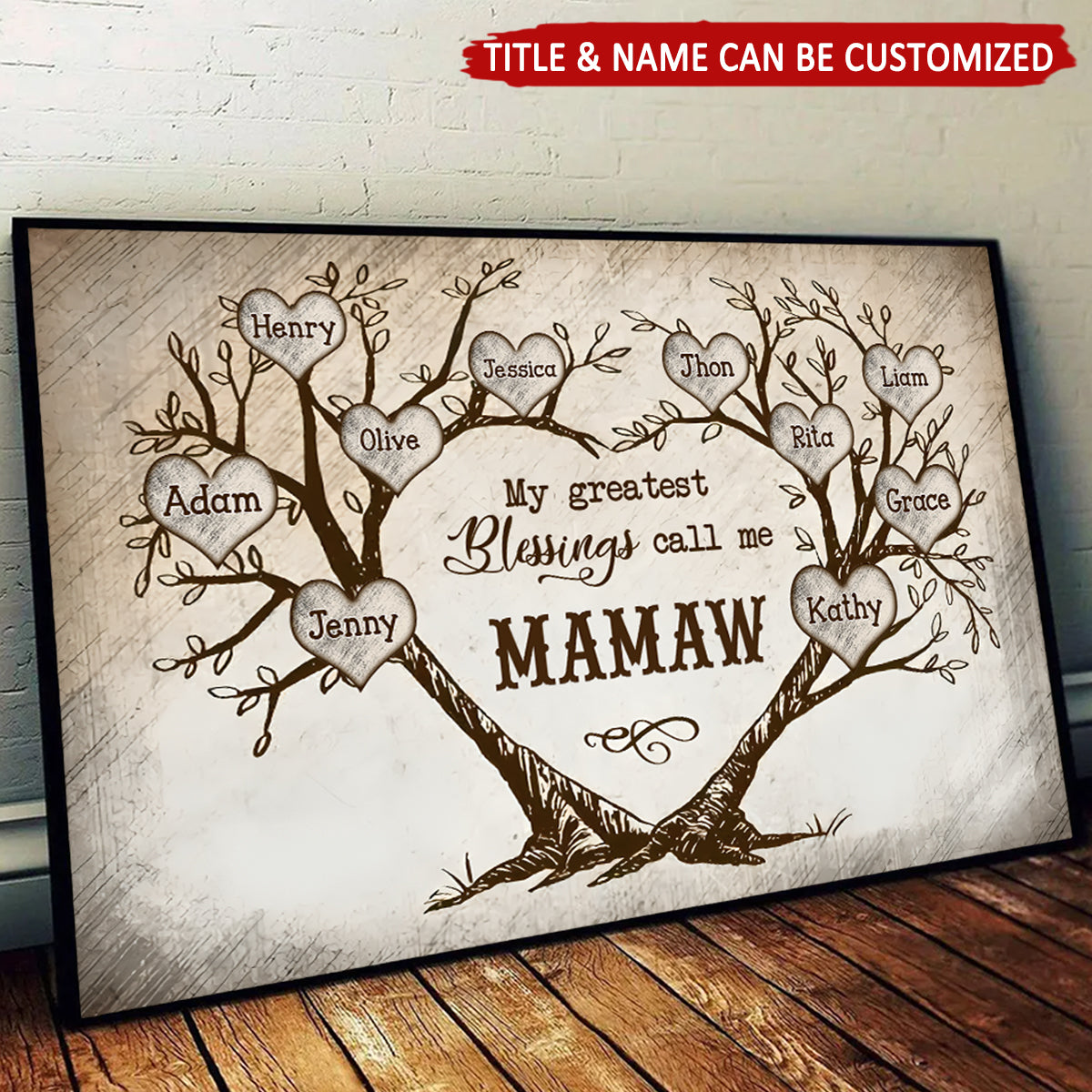 Heart Shaped Tree Vintage Personalized Canvas, Gift For Grandma Nana