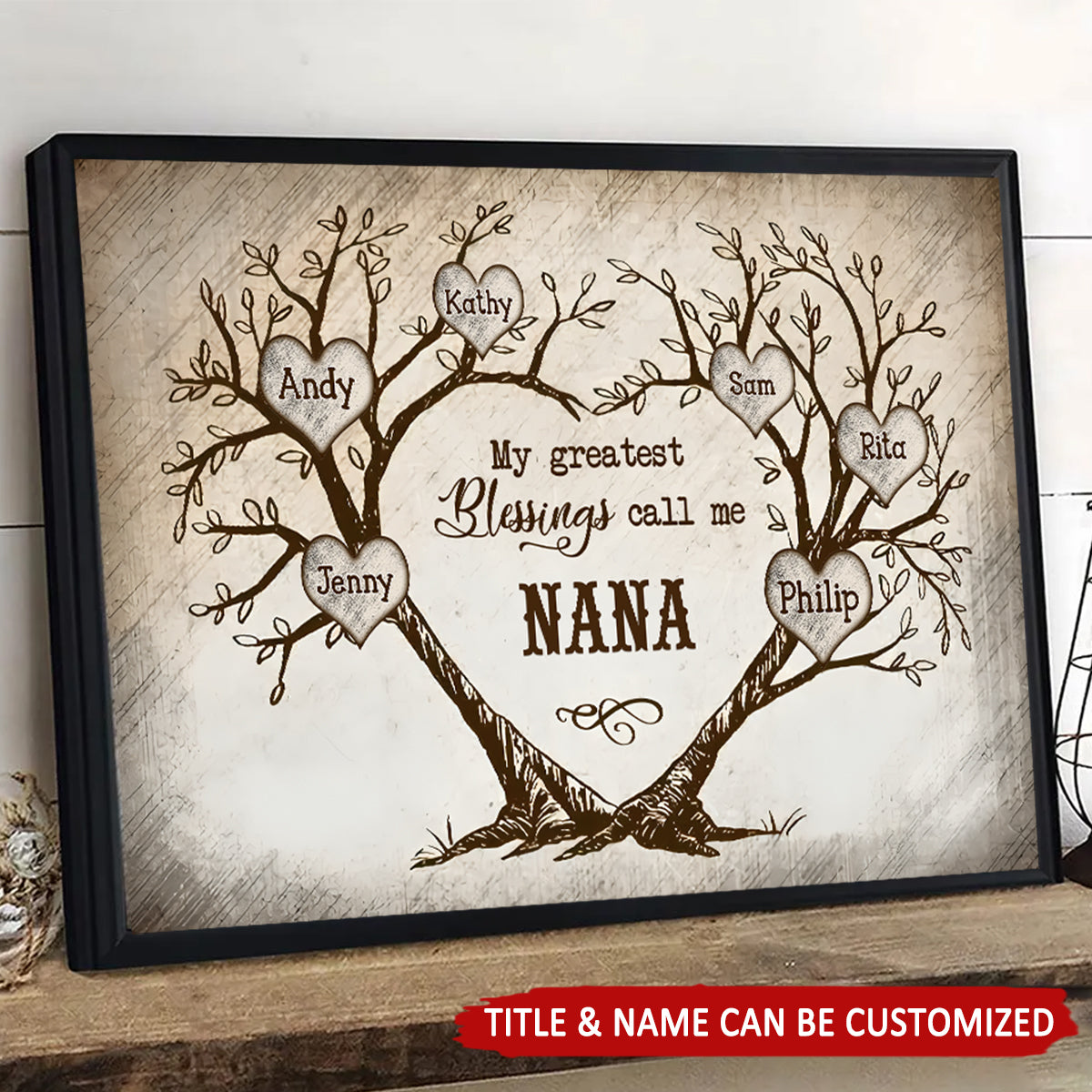 Heart Shaped Tree Vintage Personalized Canvas, Gift For Grandma Nana