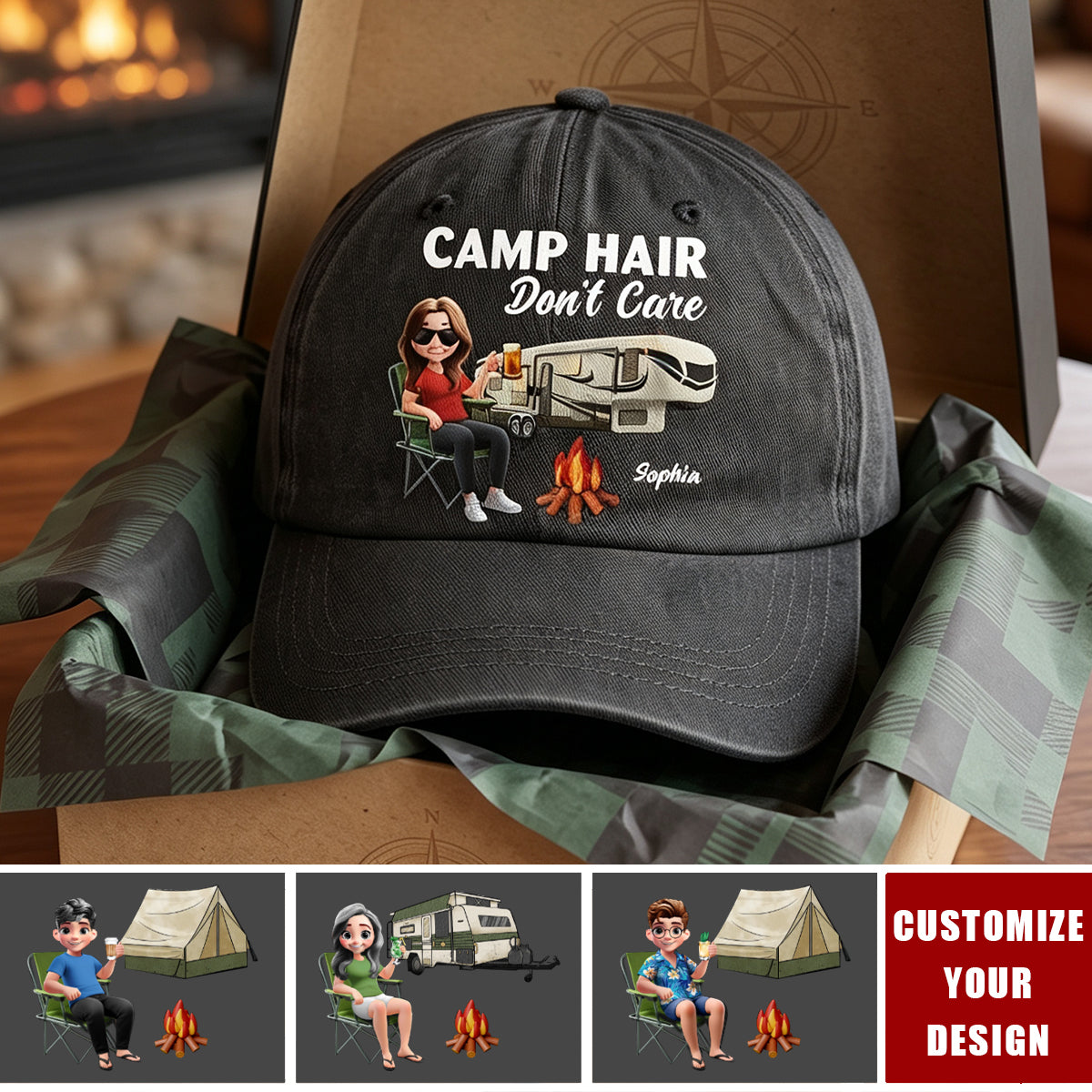 Camp Hair Don't Care Camping - Personalized Vintage Washed Denim Cap