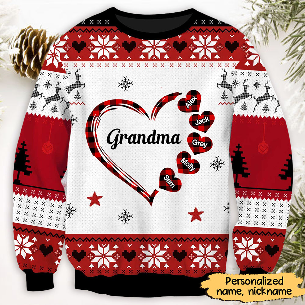 Grandma Mom Heart Kids Custom Names Caro Pattern Personalized Sweatshirt