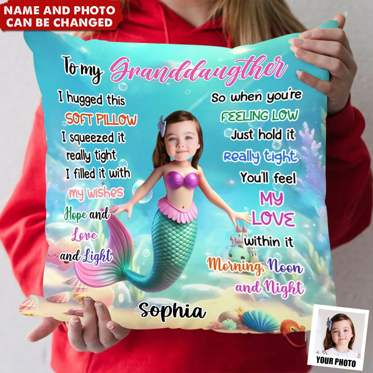 Personalized Gift For Granddaughter Mermaid Custom Face Hug This Pillow