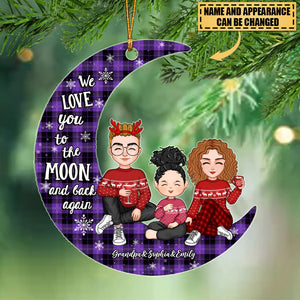Checkered Pattern Cute Grandma Grandpa & Grandkid On Moon Christmas Gift Personalized Acrylic Ornament