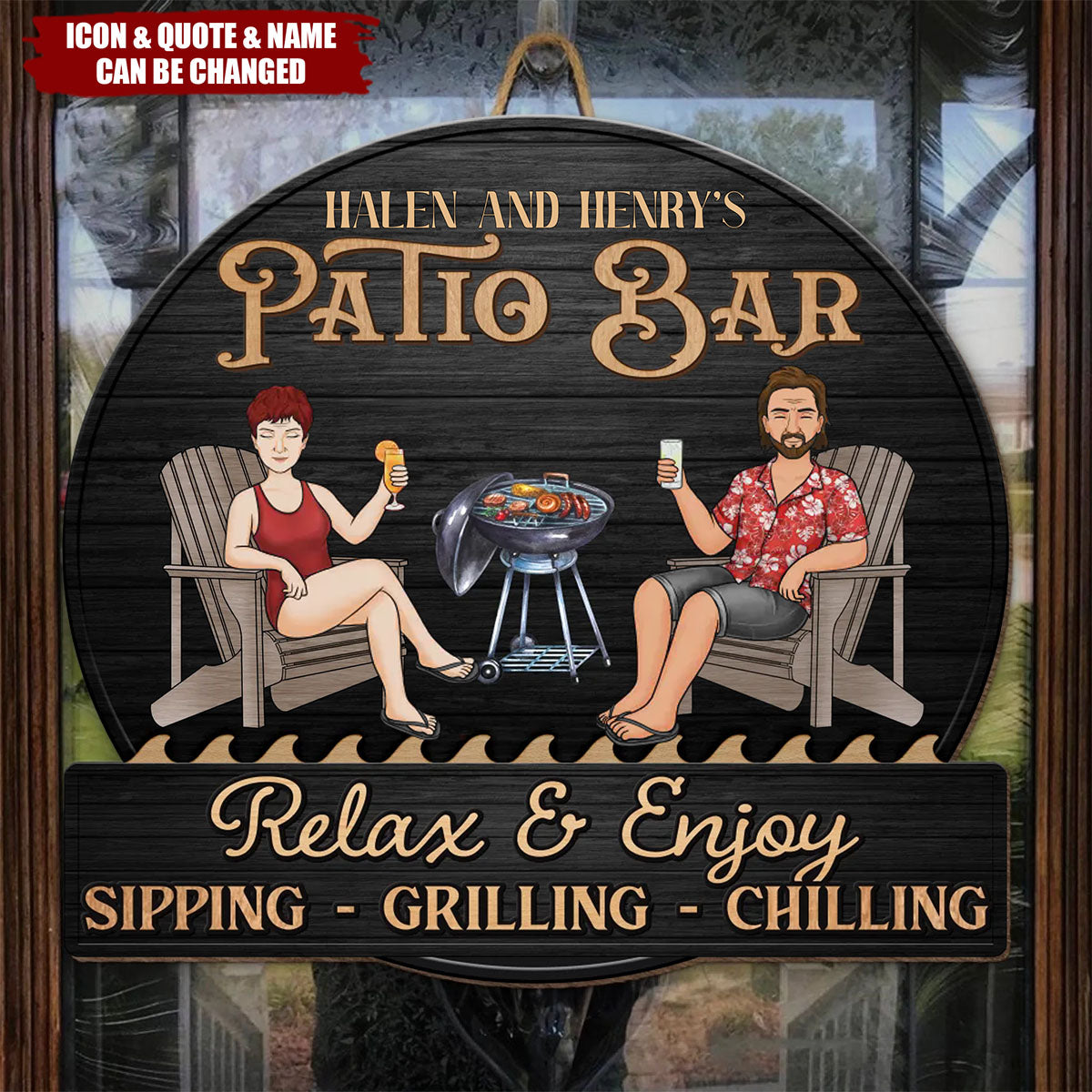 Just A Couple, Pool & Patio Sipping Chilling - Couple Personalized Home Decor Wood Sign