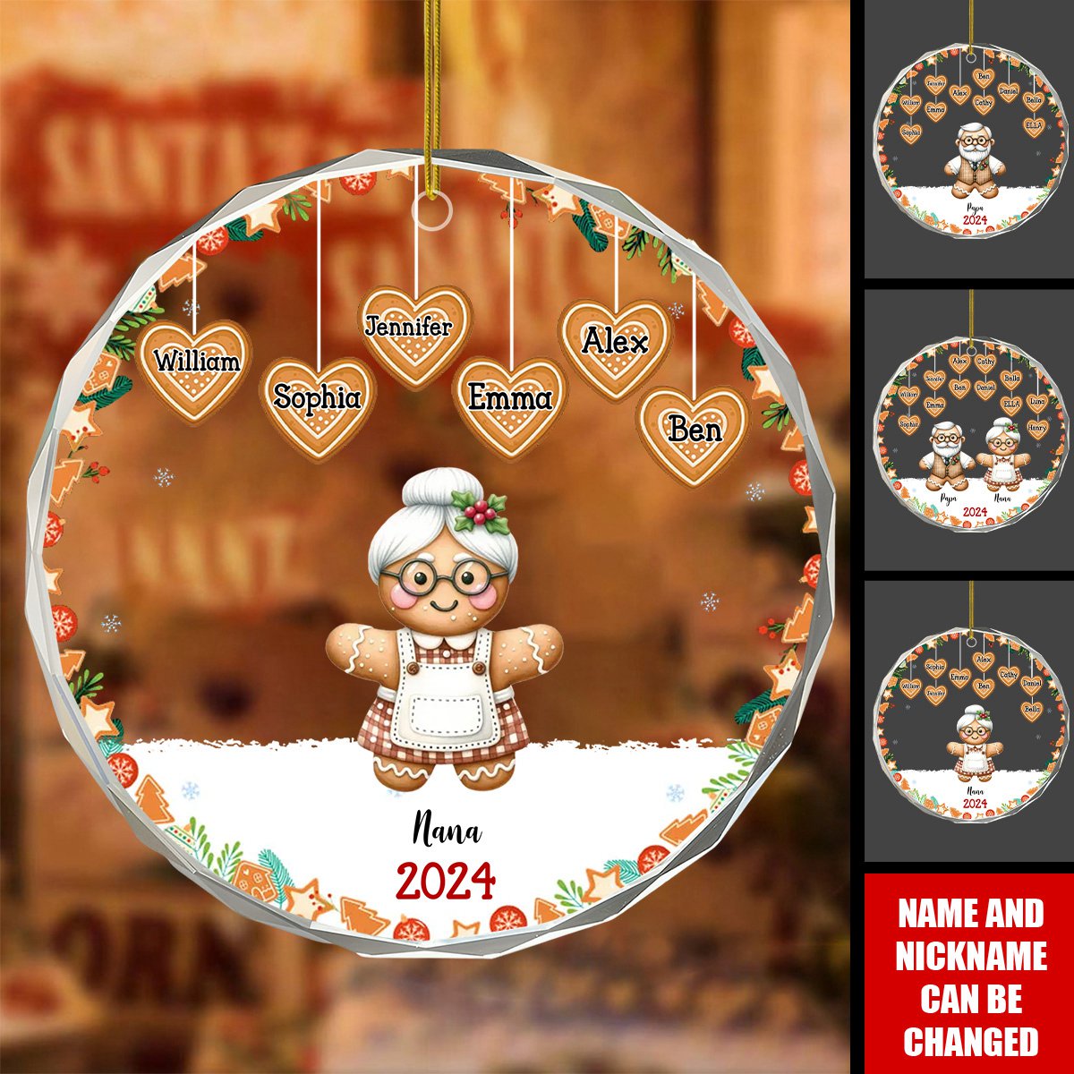 Personalized Gingerbread Grandparents Circle Glass Ornament