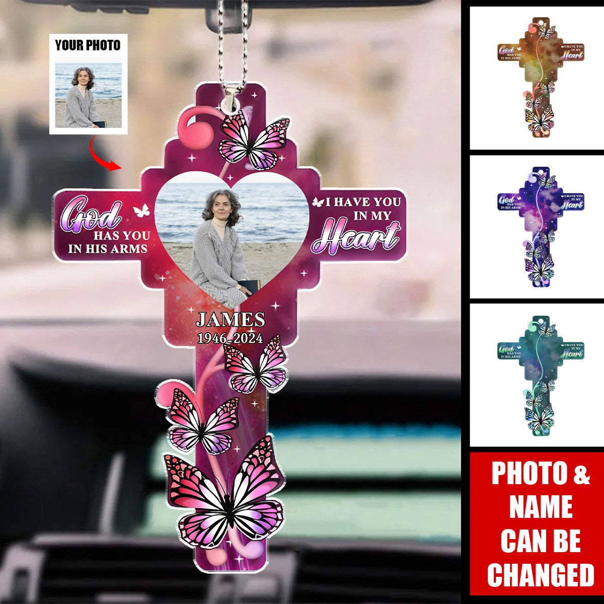 Custom Photo God Has You In His Arms - Personalized Acrylic Car Ornament