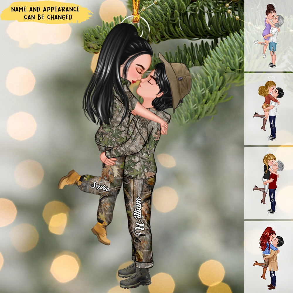 Personalized Hunting Couple Camo Pattern, Doll Couple Kissing Hugging Ornament