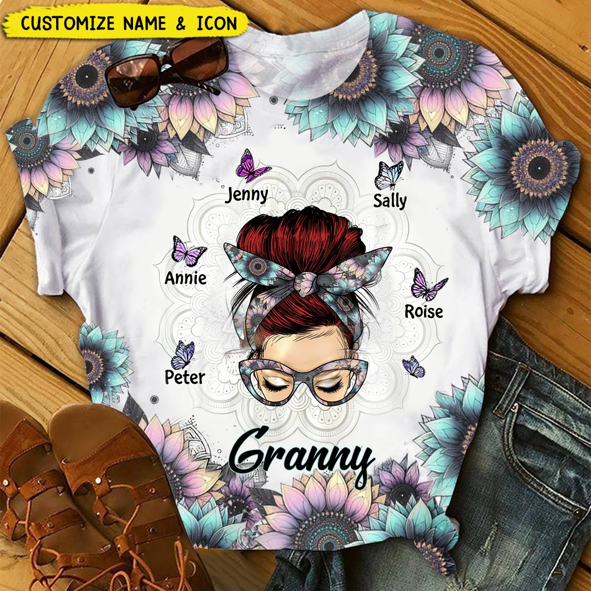 Sunflower Messy Bun Grandma With Butterflies Grandkids Personalized 3D T-shirt