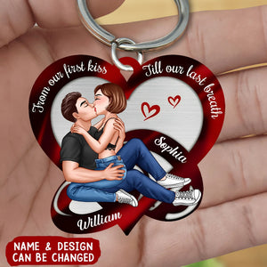 Couple Kissing Red Heart Rings Personalized Acrylic Keychain