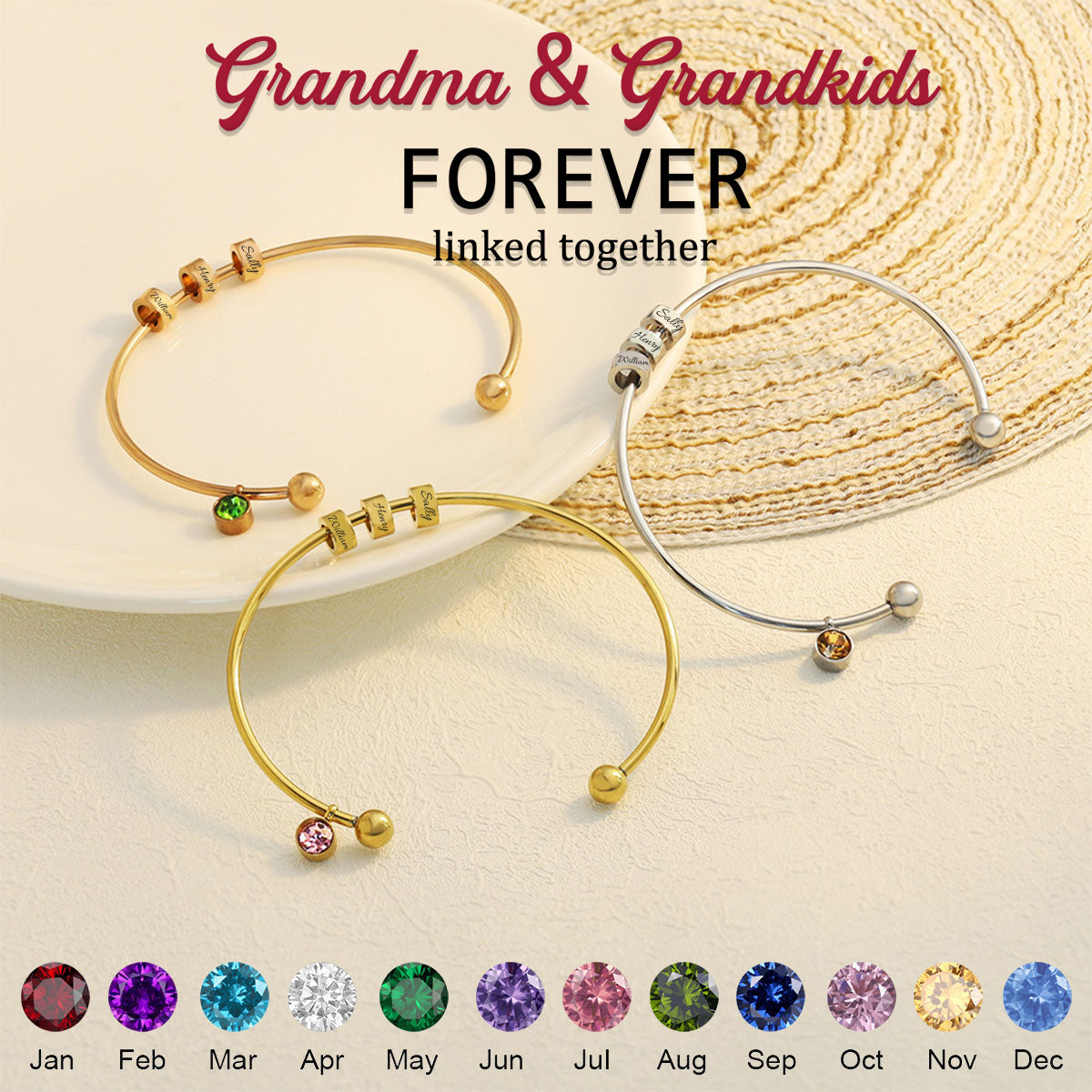 Elegant Custom Swivel Bead Name With Birthstone Personalized Bangle