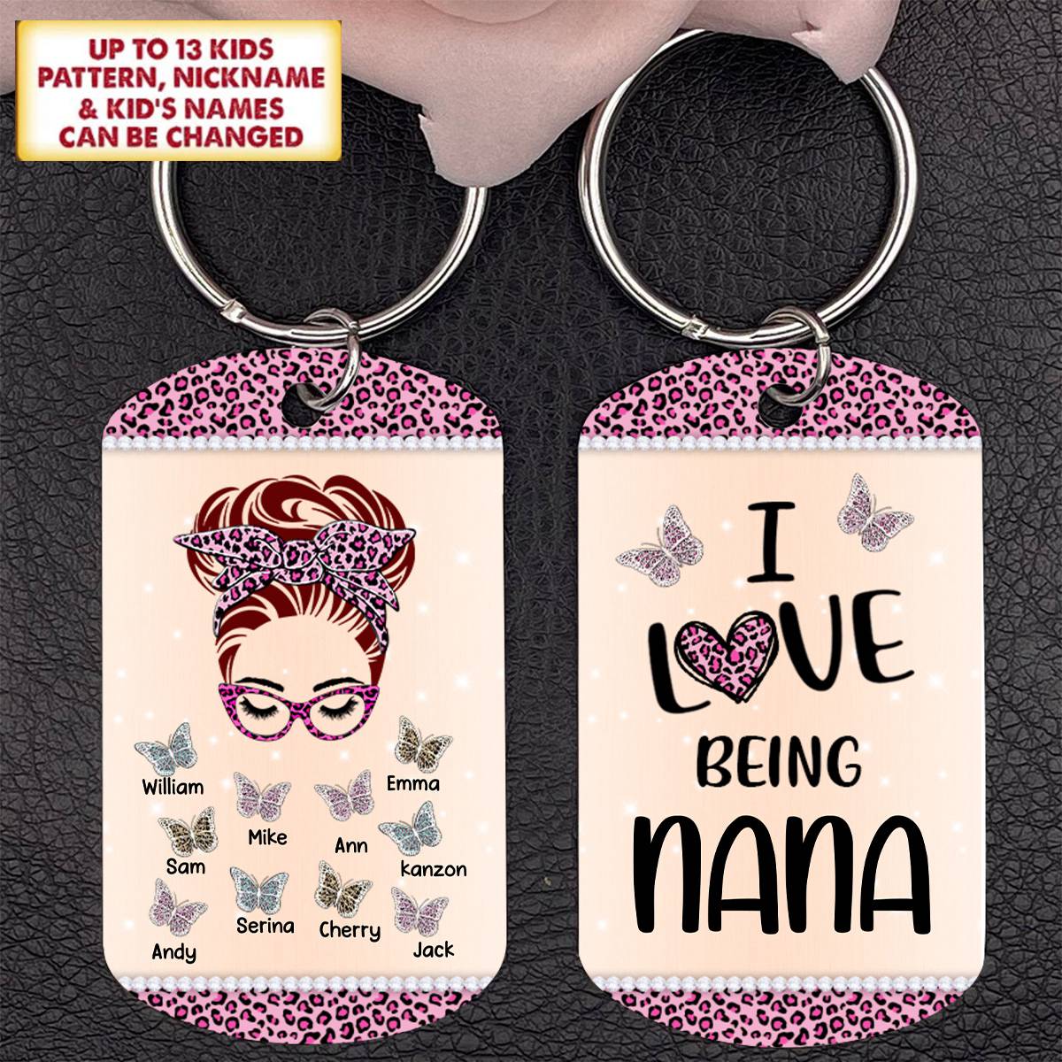 Personalized I Love Being Nana Butterfly Messy Bun Stainless Steel Keychain Nana With Grandkids Name Keychain