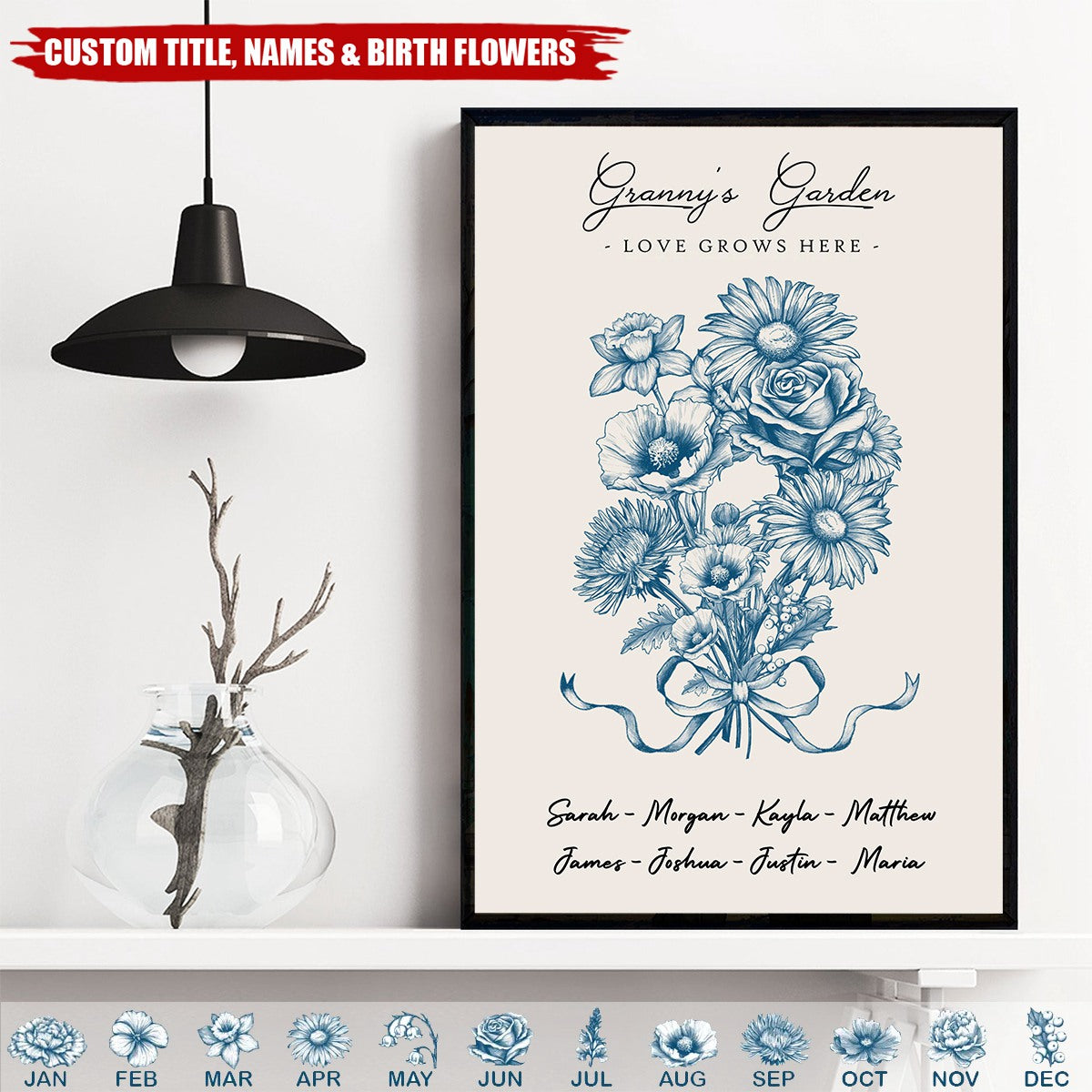 Vintage Floral Grandma Garden Birth Month Flowers Bouquet With Grandkids Names Personalized Poster