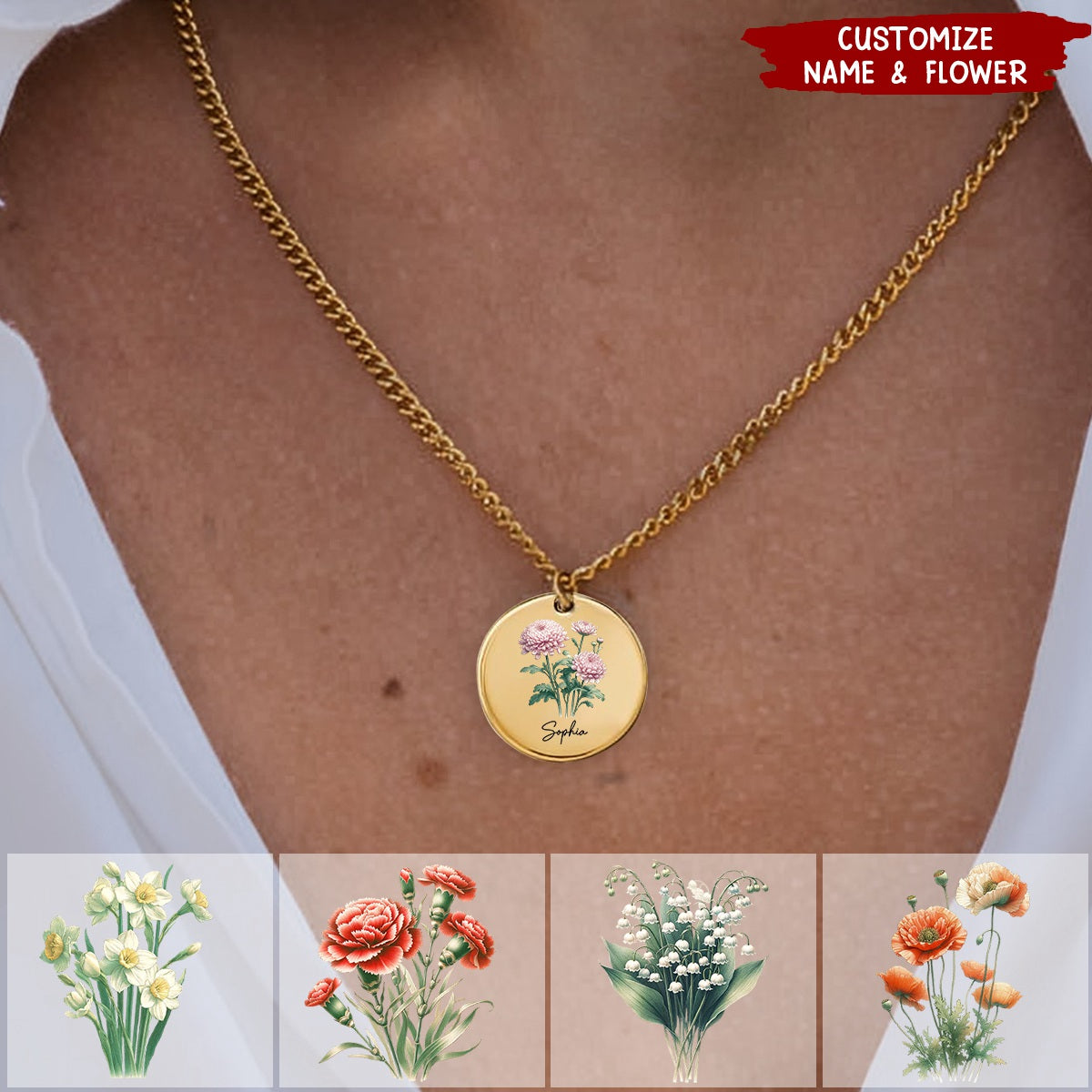 Custom Name Birth Flower Personalized Coin Necklace