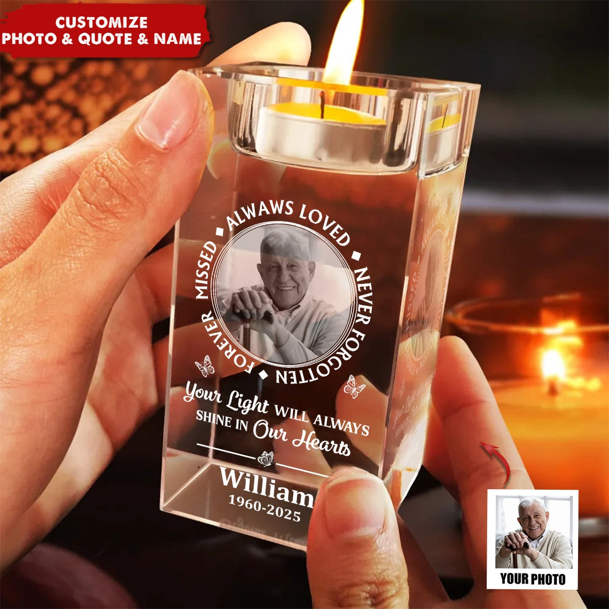 Custom Photo Memorial Always Loved Never Forgotten - Personalized Crystal Candle Holder