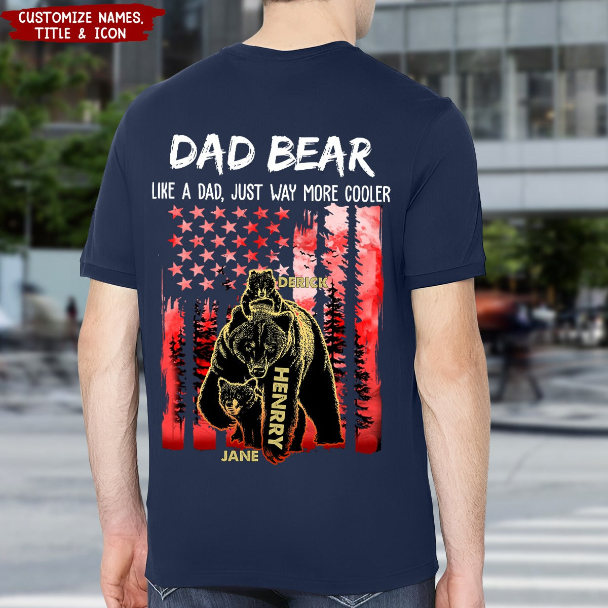 Papa Dad Bear With Grandkids Names - Personalized T-Shirt