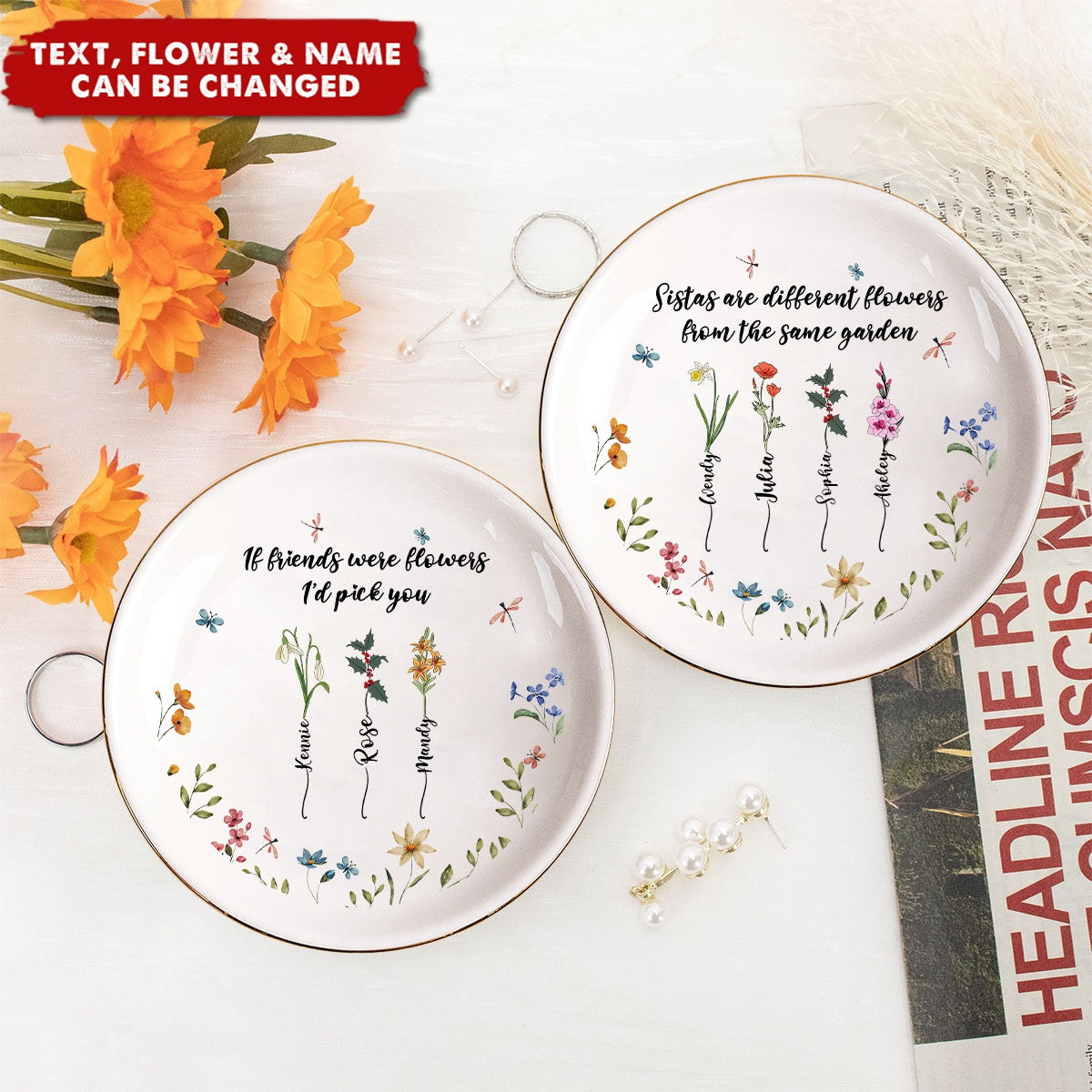 Sisters Are Differents Flowers Custom Birth Flowers - Personalized Jewelry Dish