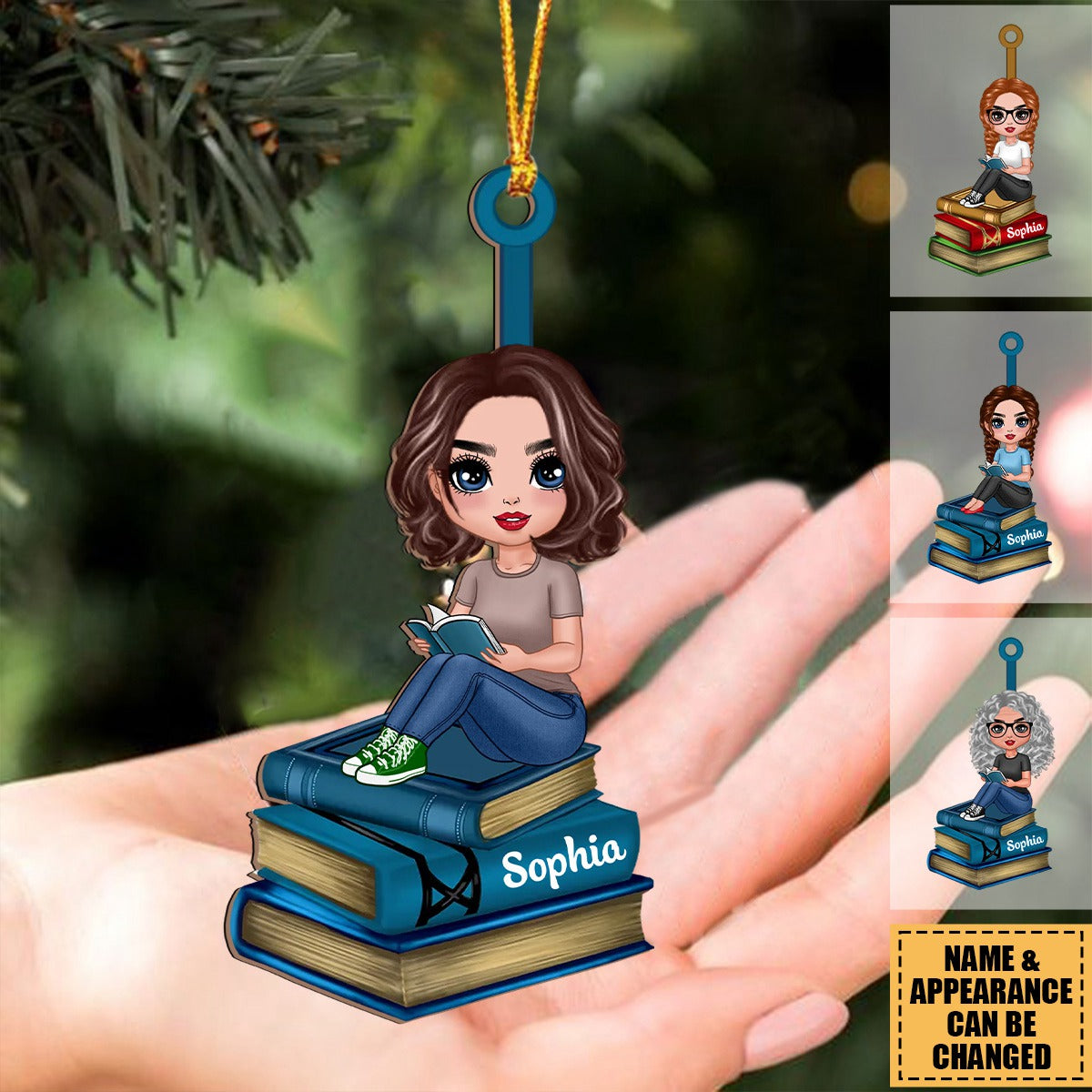 Reading Girls Sitting On Books Personalized Wooden Ornament