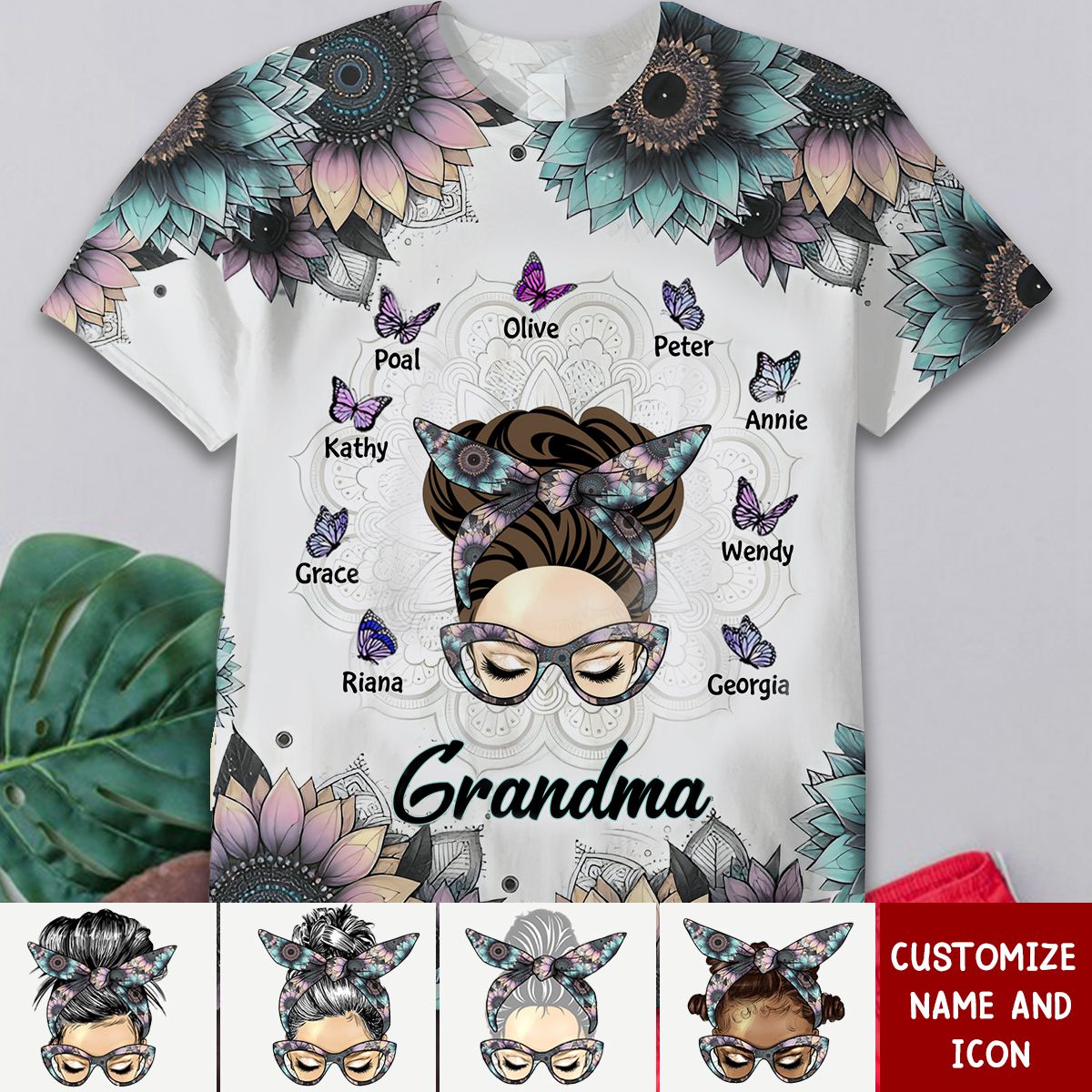 Sunflower Messy Bun Grandma With Butterflies Grandkids Personalized 3D T-shirt