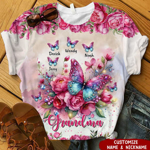 Pink Glitter Butterfly Grandma With Peony Flowers Personalized 3D T-shirt