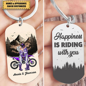 Happiness Is Riding With You, Couple Gift, Personalized Stainless Steel Engraved Keychain, Motor Couple Keychain