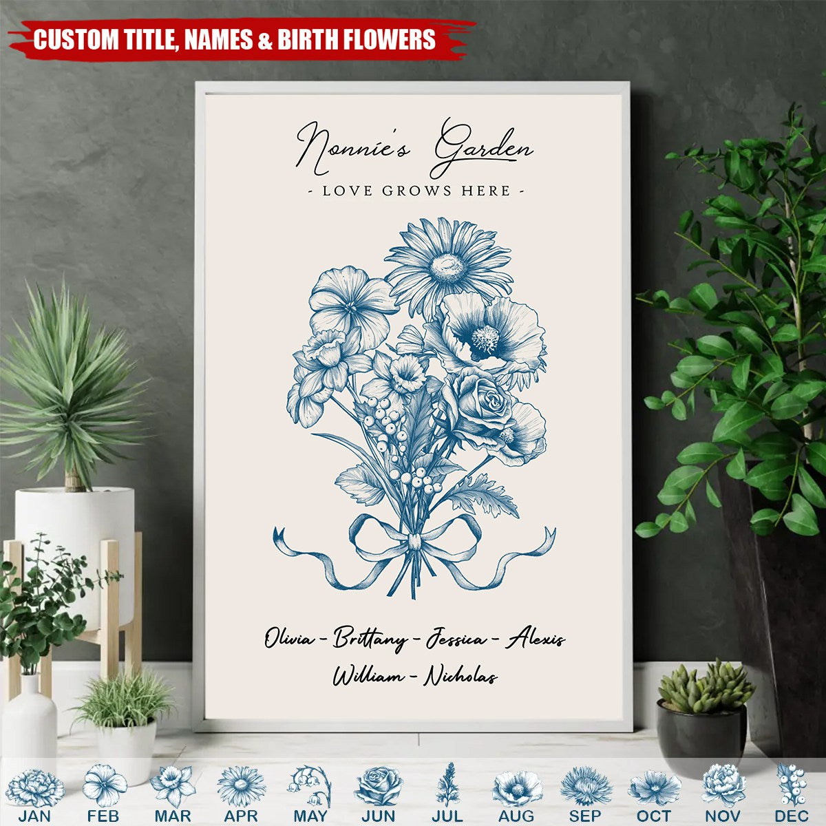 Vintage Floral Grandma Garden Birth Month Flowers Bouquet With Grandkids Names Personalized Poster
