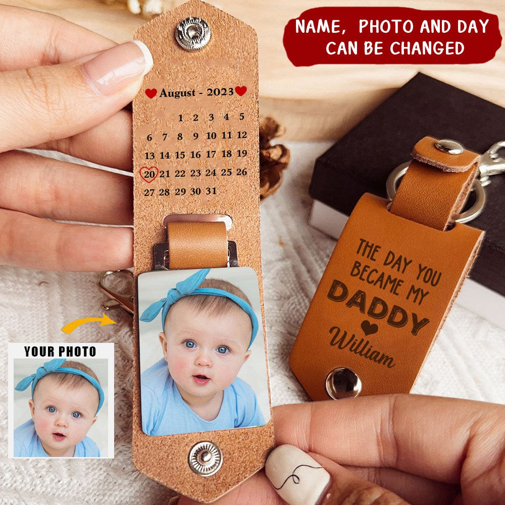 Calendar Custom Photo The Day You Became My Daddy Mommy Personalized Leather Keychain