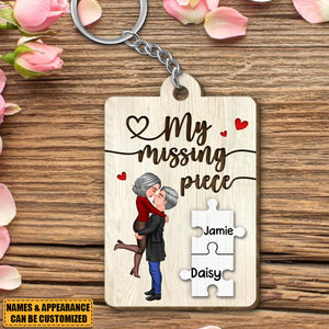 My Missing Piece Couple Hugging Kissing - Personalized Wooden Keychain, Valentine’s Day Gift For Couple