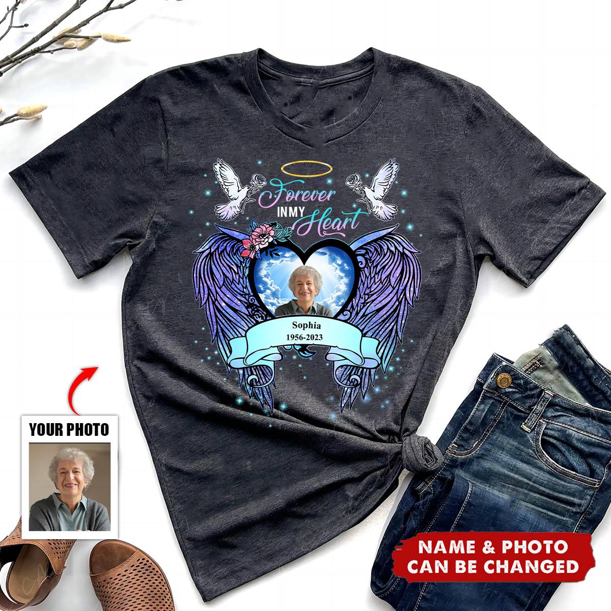 Memorial Sparkling Upload Image Heart Wings, Forever In Our Hearts Personalized Shirt