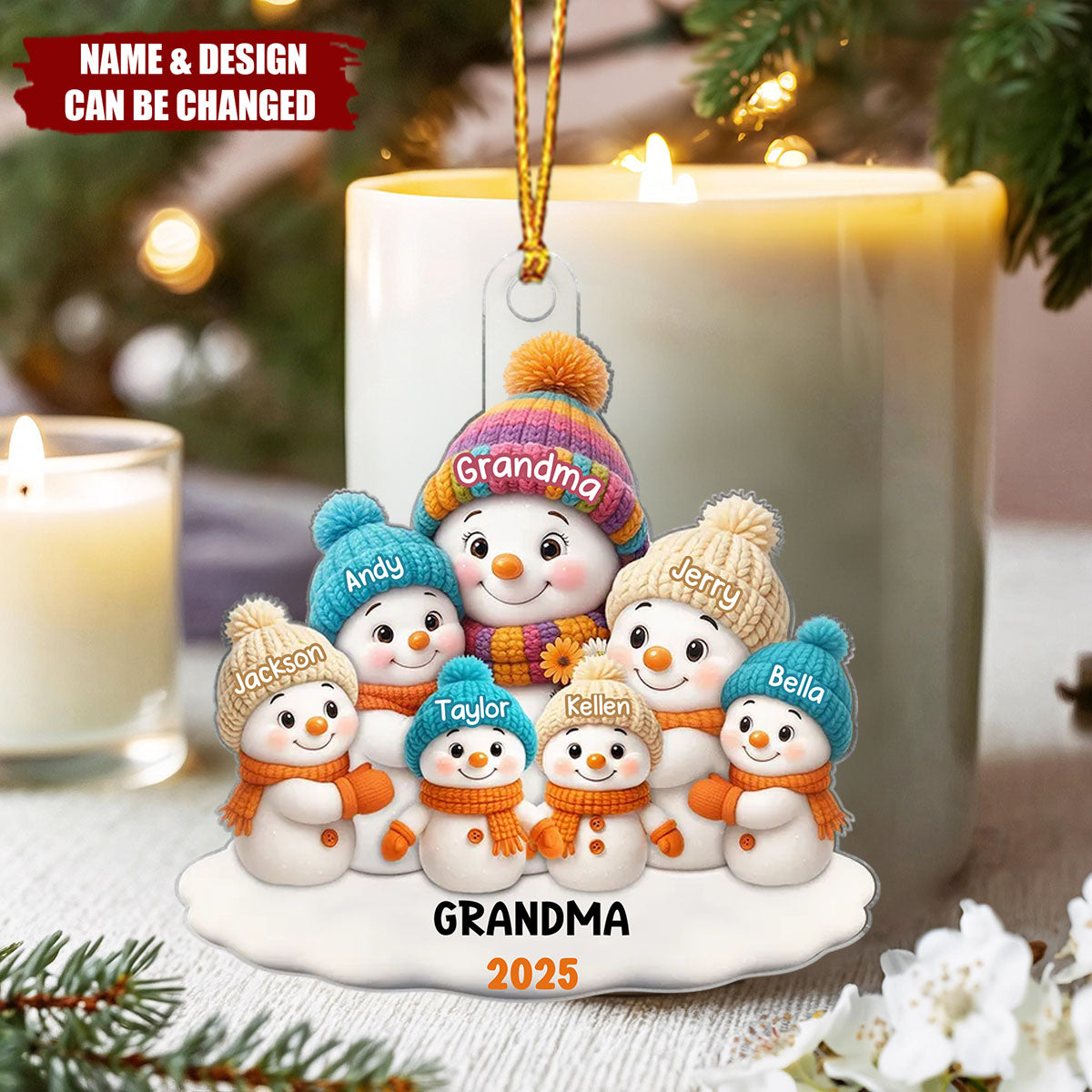Snowman Grandma and Grandkids Personalized Acrylic Ornament