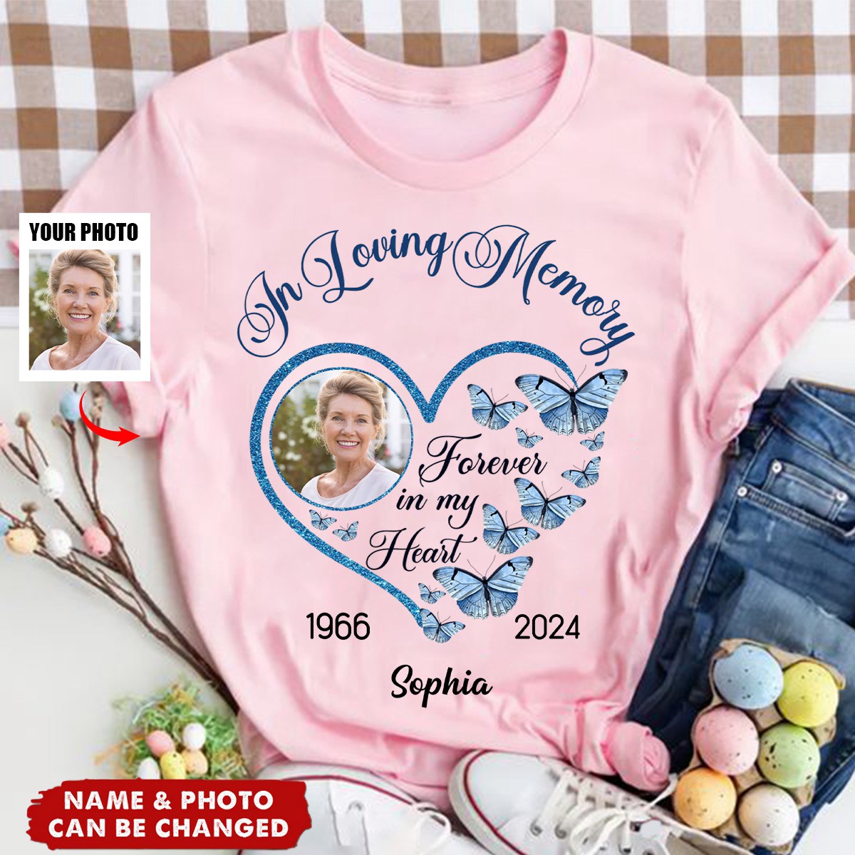 In Loving Memory Sparkling Heart Memorial Butterflies Personalized T-Shirt