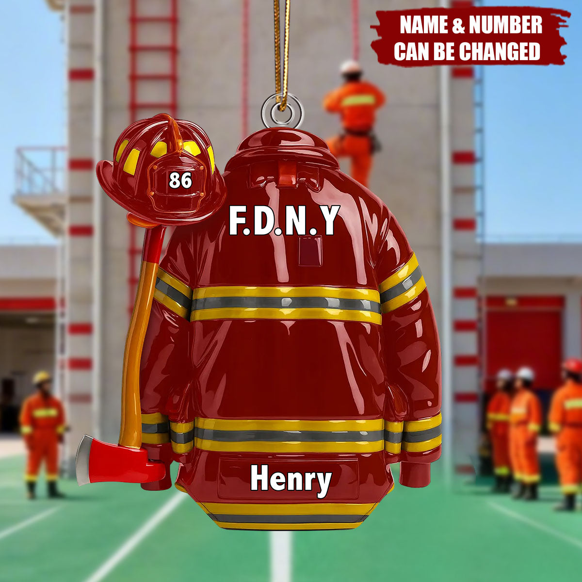 3D Effect Firefighter Coat, Helmet & Axe - Personalized Acrylic Ornament - Christmas Gift For Firefighter