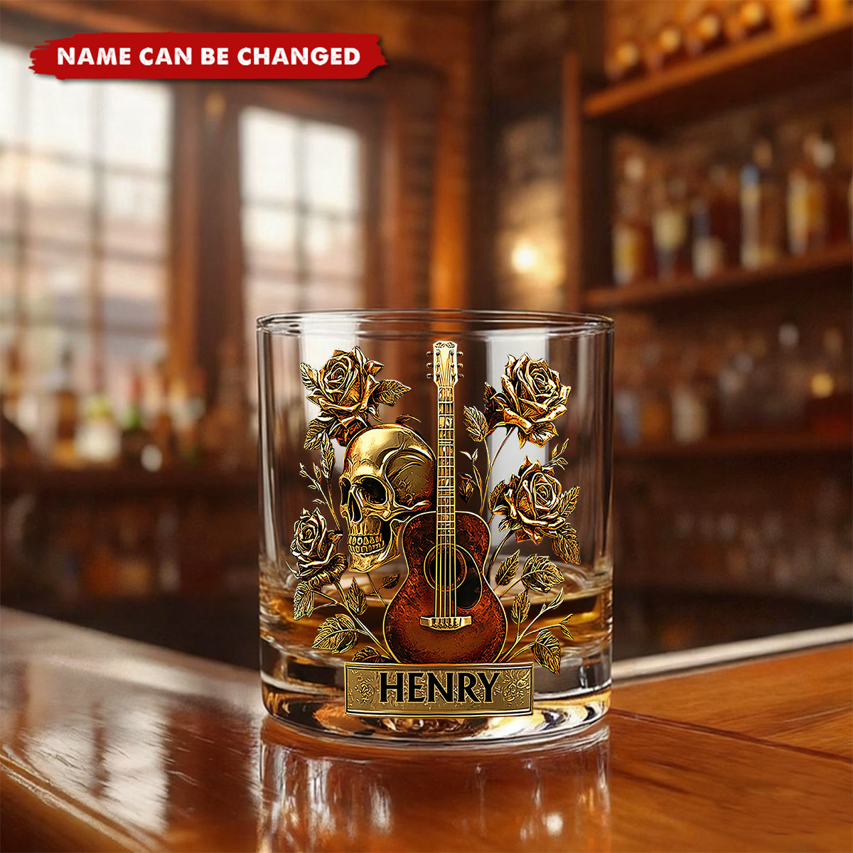 Guitar, Skull & Roses - Personalized Guitar Whiskey Glass