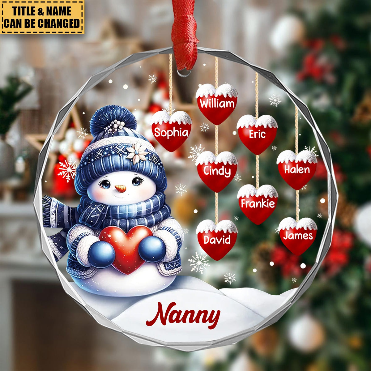 Personalized Snowman Grandma's Hearts Circle Glass Ornament