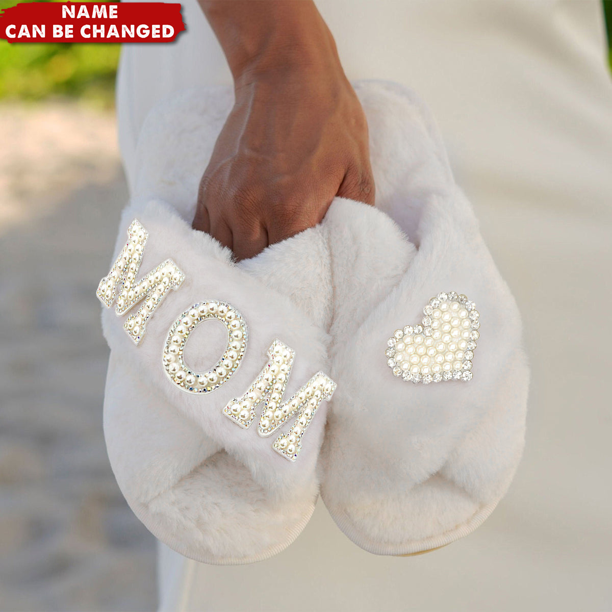 Custom Pearl Style Name Personalized Fluffy Slippers, Gift For Bride Bridesmaid
