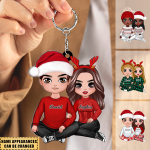 Christmas Doll Couple Sitting Hugging Personalized Keychain