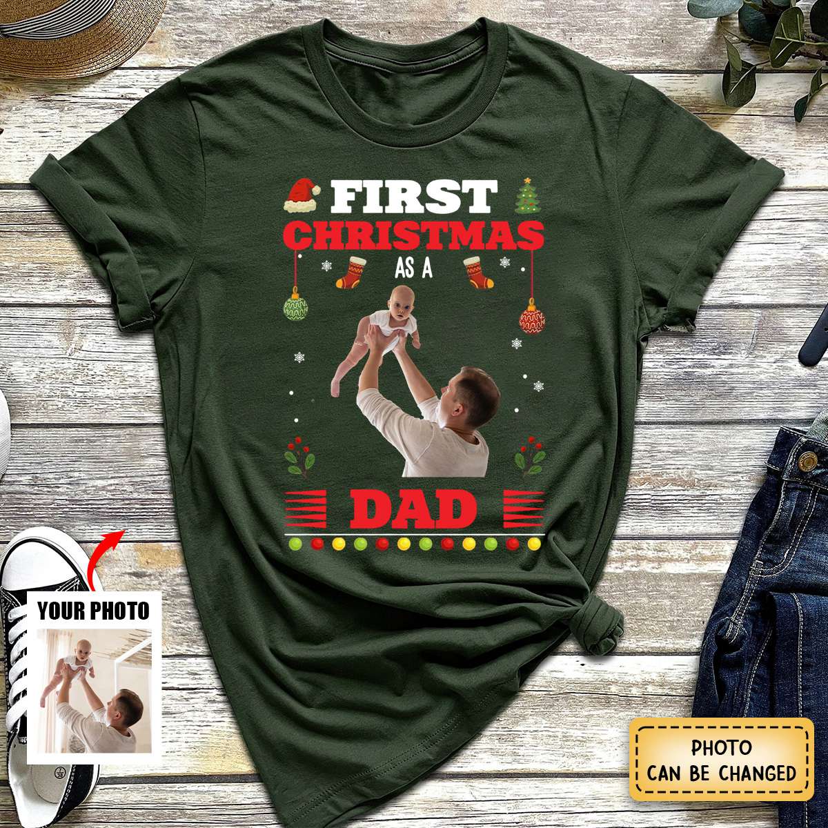 First Christmas As A Dad - Personalized Photo T-Shirt