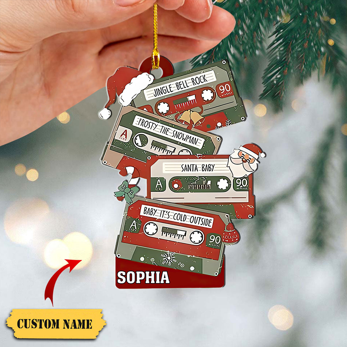 Personalized Cassette Christmas Tree Acrylic Ornament, Vintage Cassette Custom Name Music Box Ornament