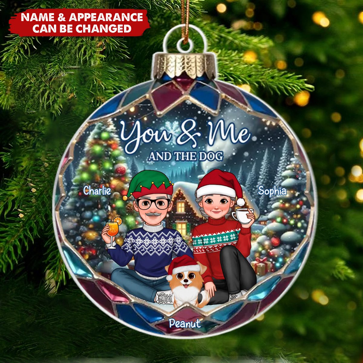 Animated Couple And Dogs Cats Beautiful Christmas Personalized Acrylic Ornament, Christmas Gift For Family
