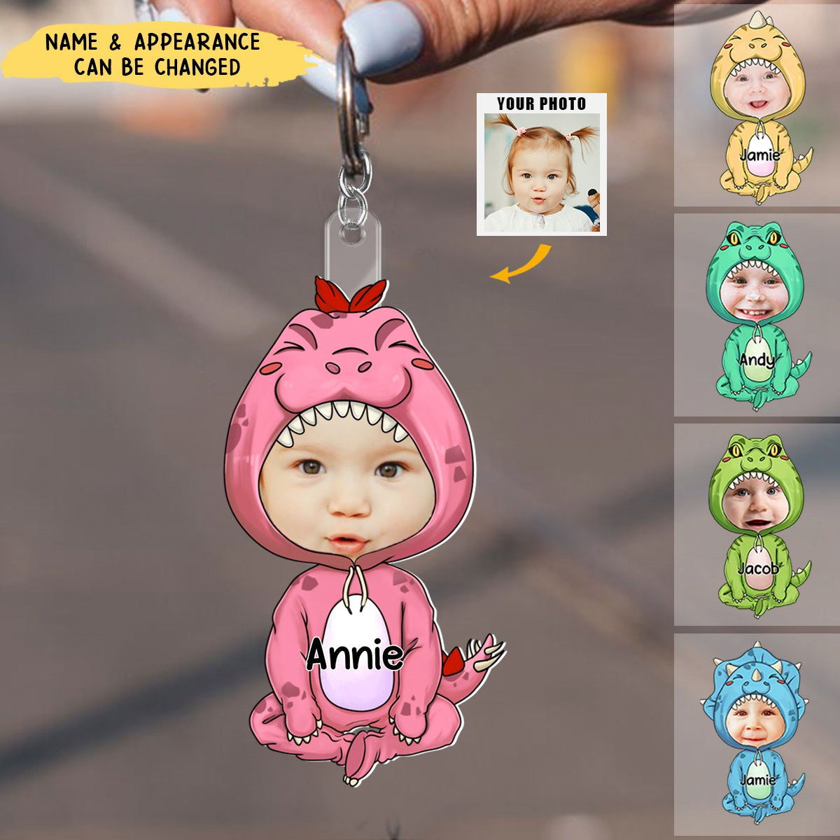 Cute Dinosaur Kid Photo Personalized Acrylic Keychain Gift for Grandma Mom Auntie