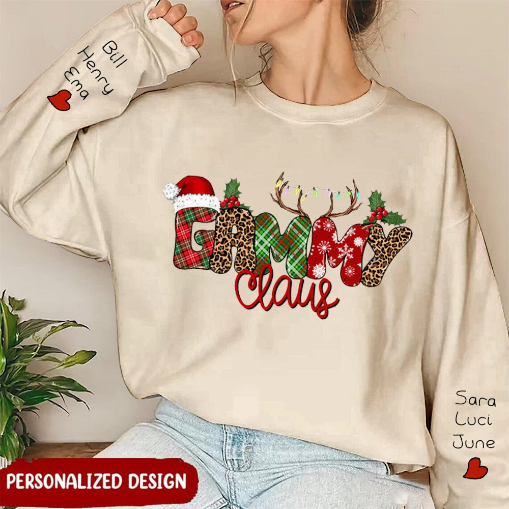 Christmas Plaid Custom Nickname Grandma With Grandkids Name On Sleeve Personalized Sweatshirt