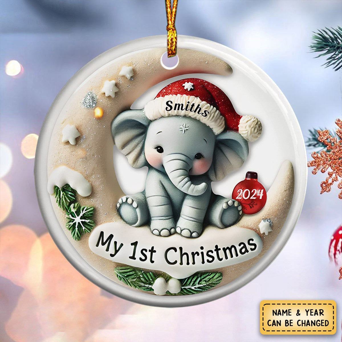 Personalized 3D Effect Baby Elephant My First Christmas Circle Ceramic Ornament