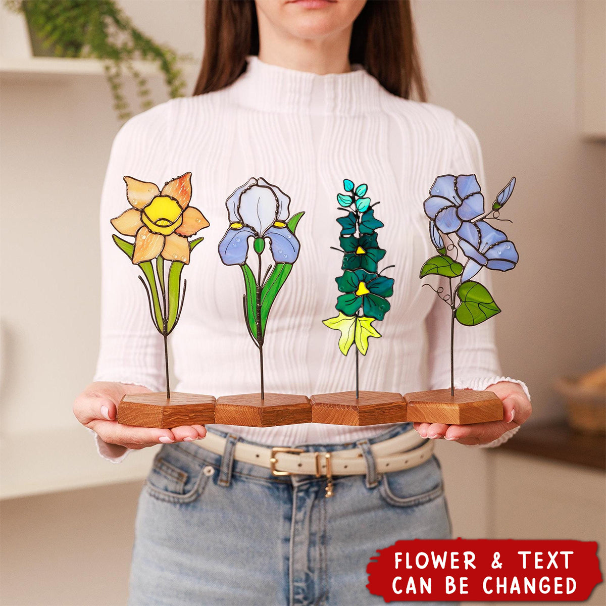 Personalized Stained Glass Birth Flower Plant Garden Stake Suncatcher