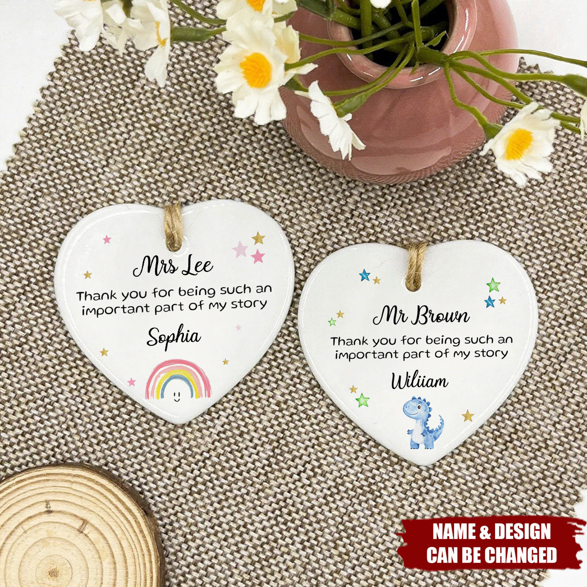 "Thank You For Being Part Of My Story" Ceramic Heart Ornament, Personalised Teacher Gift
