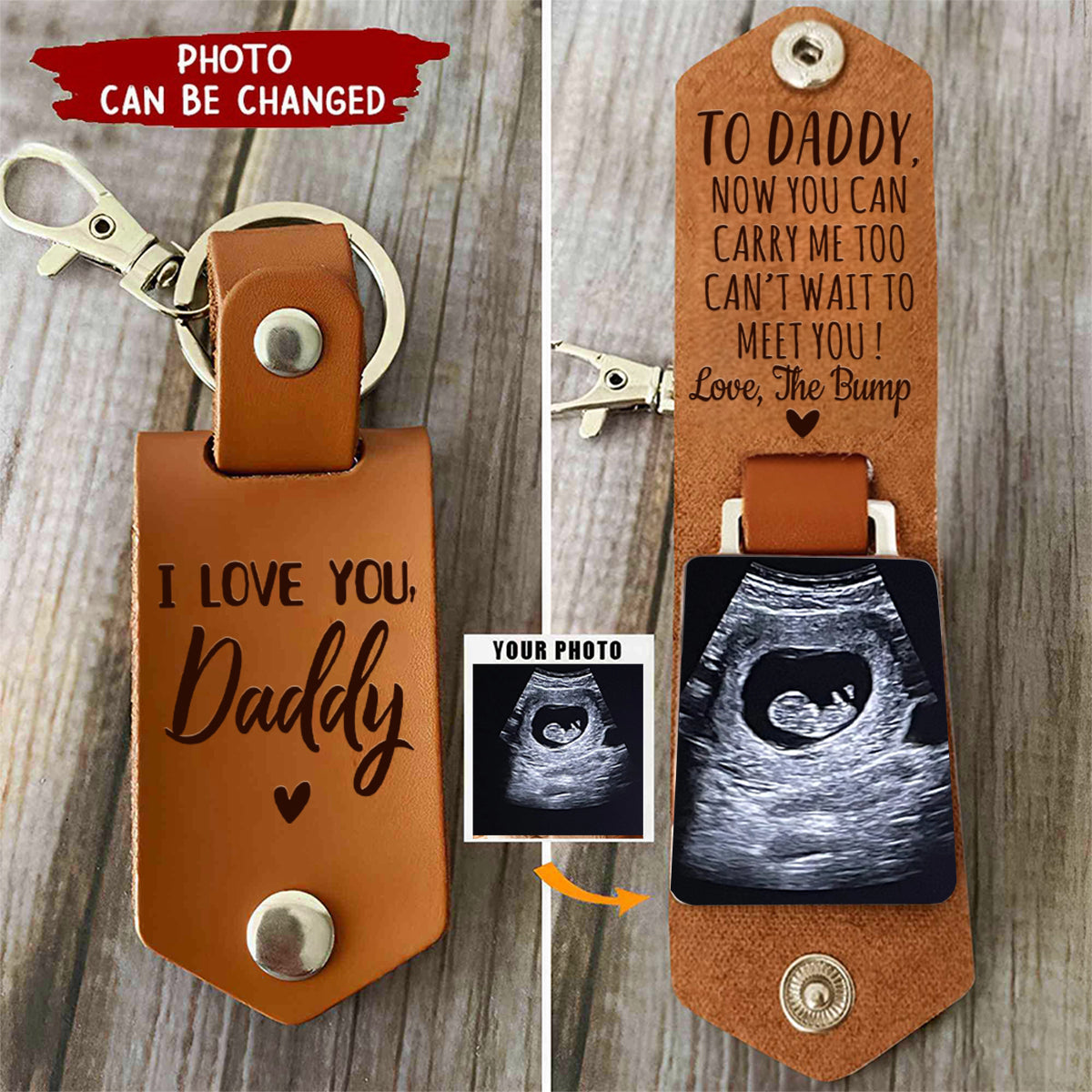 Daddy Can't Wait To Meet You From The Bump - Personalized Leather Photo Keychain